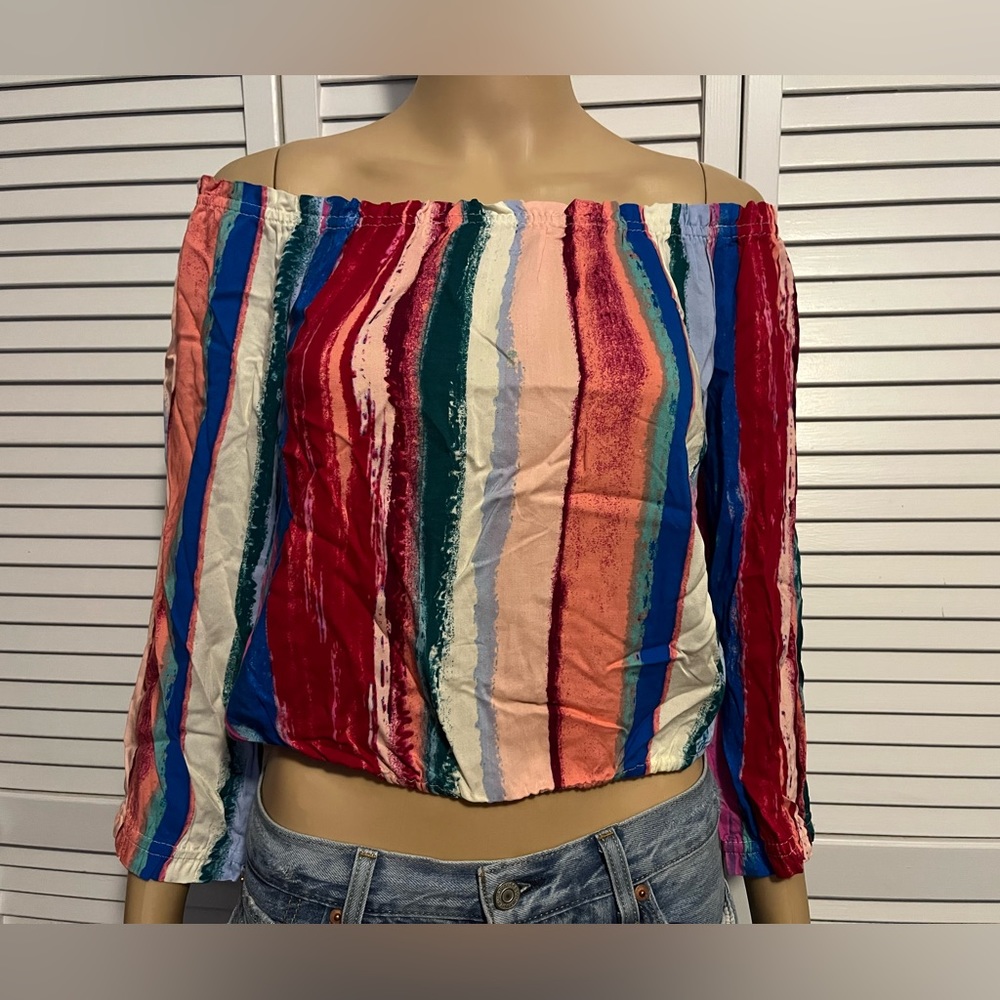 Cute Candie’s size S multi color off shoulder long sleeve crop shirt NWT